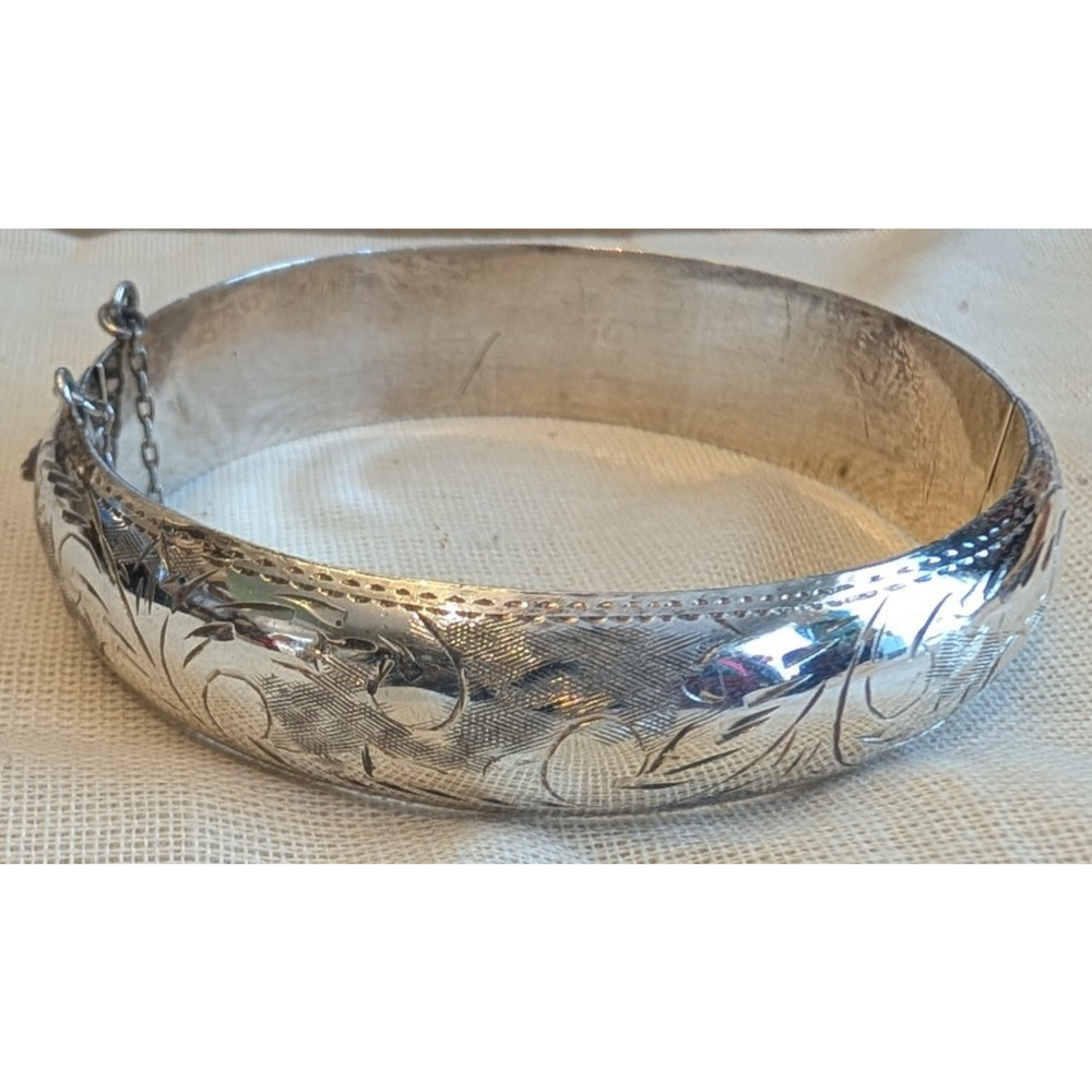 Vintage Sterling‎ Silver Etched Bracelet  with Safety chain